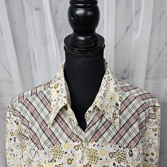 Spy Henry Lau Yellow Blue Floral Plaid Western Button Down Blouse Size L - Picture 2 of 13